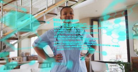 Confident nurse standing hands on hips with holographic interface in modern home interior