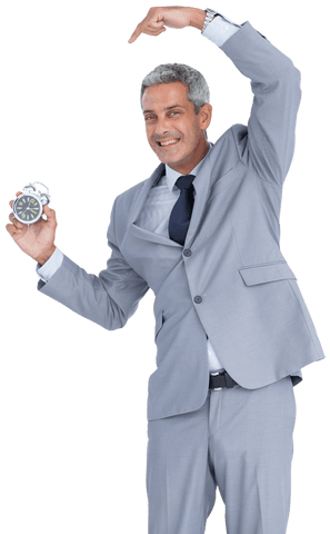 Transparent businessman pointing alarm clock importance of time