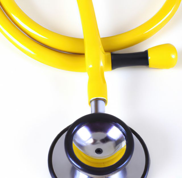 Image of close up with detail of yellow stethoscope on white background. Medicine, doctors and healthcare services concept.