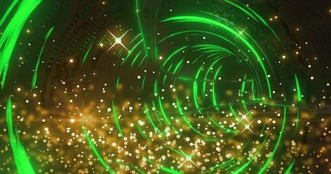 Neon green vortex drawing eye into futuristic tunnel with golden bokeh and star flares