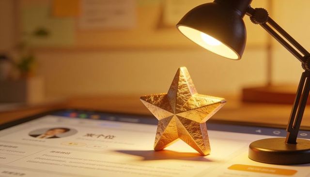 Golden textured star glowing on tablet next to adjustable desk lamp, warm workspace decor