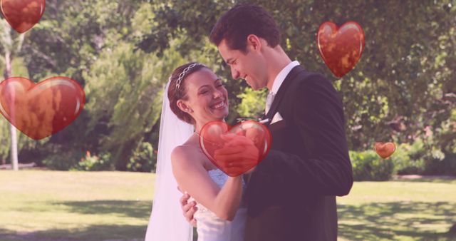 Image of hearts over newly married caucasian couple. love, marriage and relationship concept digitally generated image.