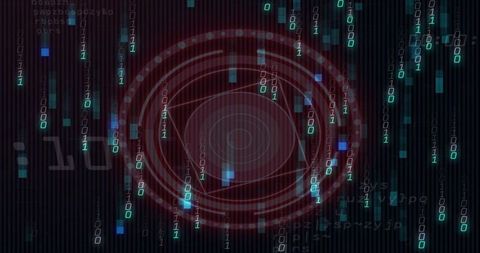 Futuristic HUD Reticle with Concentric Red Target, Neon Binary Streams and Triangles