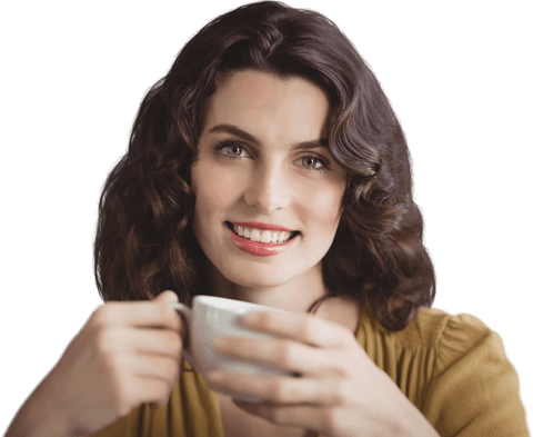 Smiling Woman Holding Coffee Cup with Transparent Background
