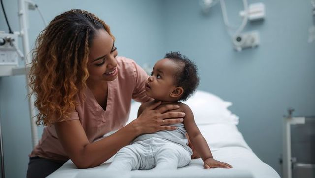 Smiling caregiver comforting infant on exam table, nurturing pediatric bonding