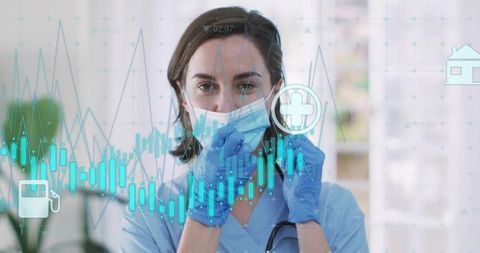 Nurse Adjusting Mask with Data Overlay in Modern Clinic