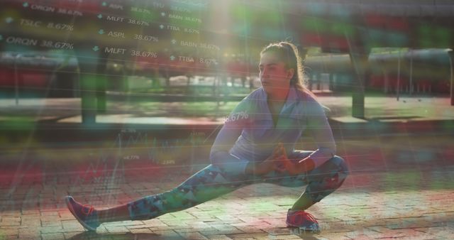 Young Woman Stretching Outdoors with Financial Data Overlay - Download Free Stock Images Pikwizard.com