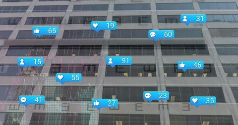 Social Media Data Icons on Urban Office Building