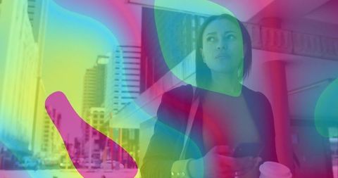 Businesswoman with Smartphone and Coffee Amidst Vibrant Cityscape