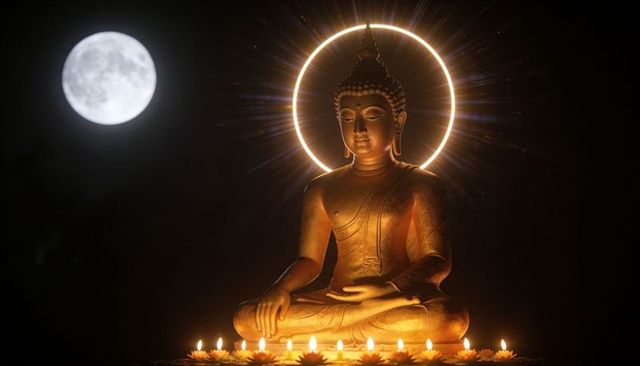 Golden buddha statue radiating halo light at night with lotus candles and full moon