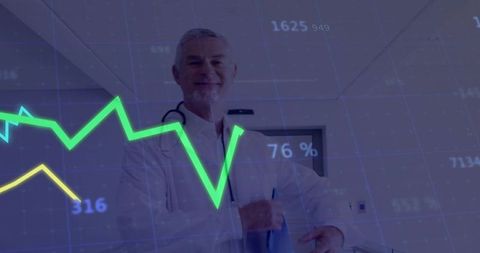 Senior Doctor Holding Folder Wearing Stethoscope Showing 76% Healthcare Analytics Graph