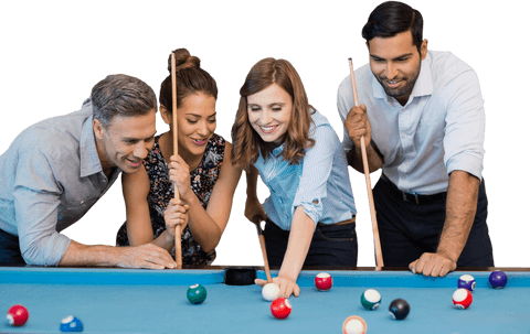 Transparent friends in formals enjoying billiards game together