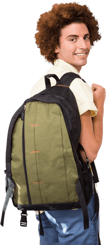 Smiling young man wearing large backpack on transparent background