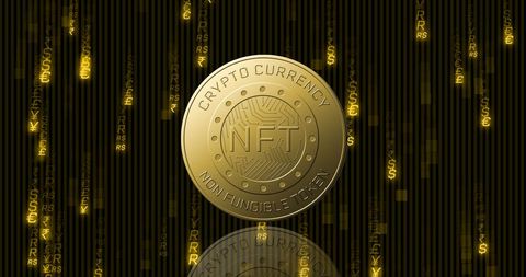 Spinning golden nft coin with global currency symbols