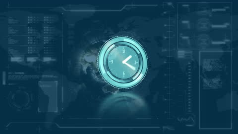 Futuristic Digital Clock Interface with Global Data Overlay