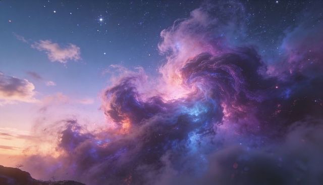 Swirling Luminous Nebula Vortex Over Rocky Horizon, Iridescent Galactic Clouds