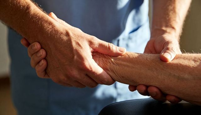 Caregiver holding elderly forearm with gentle touch, offering warmth and supportive care