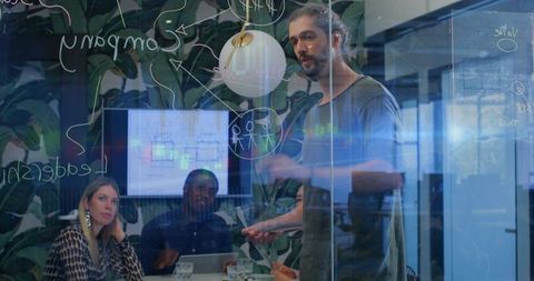 Presenter presenting, team brainstorming at glass board in modern office with tropical mural