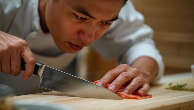 Asian Chef Precision Slicing Salmon in Professional Kitchen