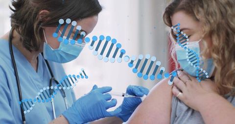 Nurse administering vaccine to patient with dna helix overlay representing genetics