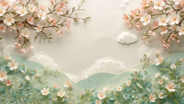 Framing pastel paper-cut spring garden scene with peach blossom branches and layered hills