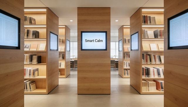 Minimalist modern library interior featuring wooden stacks, backlit shelves and central 'smart calm'