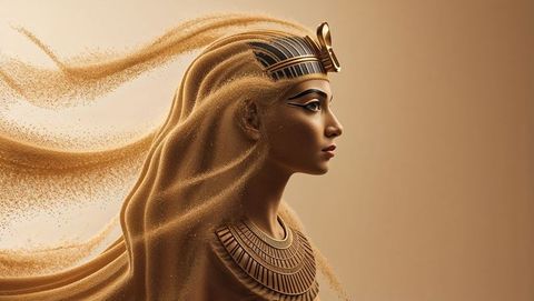 Ancient egyptian regal cleopatra symbolism with sand and nemes