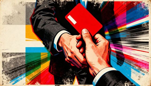 Executives shaking hands handing red card retro halftone business grunge illustration