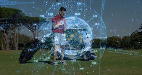 Golfer Checking Smartphone on Fairway by Golf Cart with Global Data Network Overlay