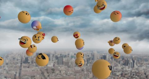 Emoticons Flying Over Cityscape with Cloudy Sky
