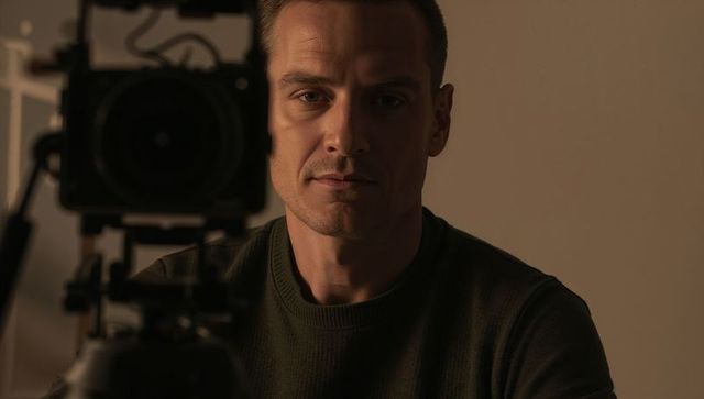 Cinematic male filmmaker gazing into lens with camera rig in low light studio portrait