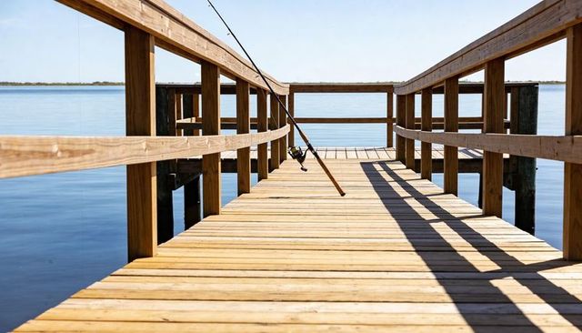 Wooden fishing pier extending over calm lake with sunlit rod leaning on railing