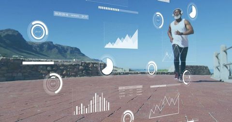 Senior runner jogging on seaside promenade with augmented reality fitness hud and smartwatch metrics