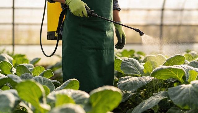 Greenhouse worker spraying leafy greens with backpack sprayer, protective gloves and apron