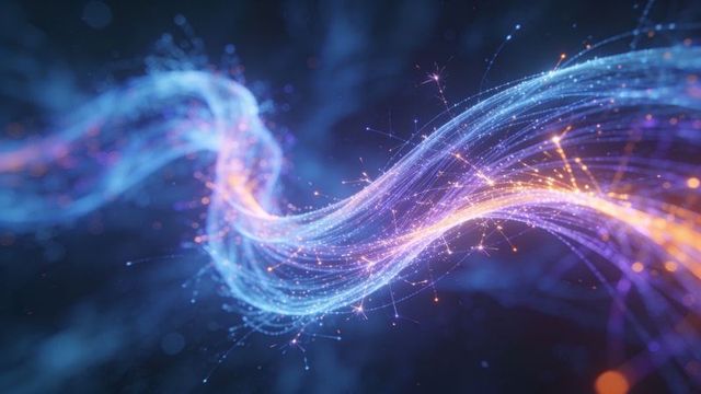 Neon fiber optic stream flowing blue violet ribbon with orange sparks and light trails