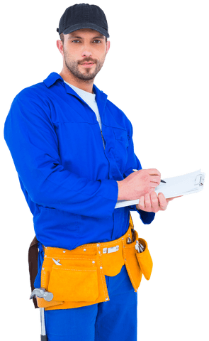Transparent Handyman Writing on Clipboard in Blue Overall - Download Free Stock Videos Pikwizard.com