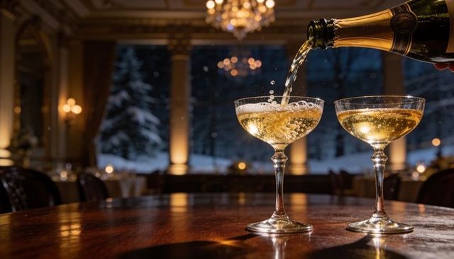 Pouring champagne into coupe glasses in opulent ballroom with snowy window and chandeliers