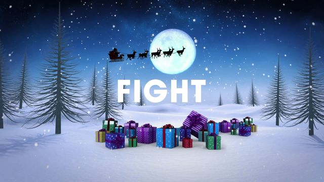 Scene depicts festive winter night with text 'FIGHT' over gifts against snowy background. Santa's sleigh flying in front of bright moon adds charm. Perfect for creative holiday visual effects, Christmas themed graphics, festive social media post, or playful marketing campaign centered around holiday themes.