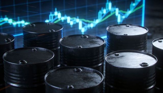 Blue neon candlestick chart behind glossy oil barrels reflecting market volatility