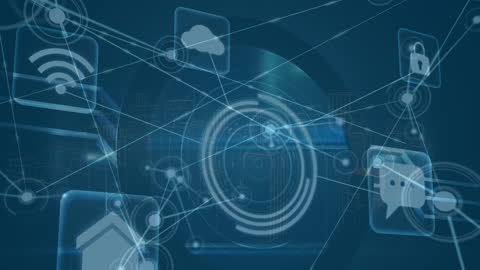 Digital Network Connectivity with Futuristic Icons on Blue Background