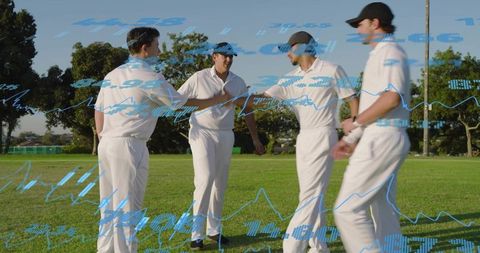 Cricket players shaking hands on field wearing white kits caps teamwork sportsmanship