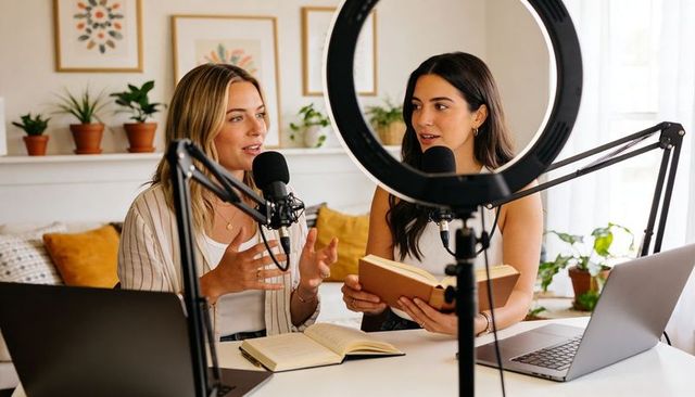 Female co-hosts recording conversational podcast in cozy home studio with ring light