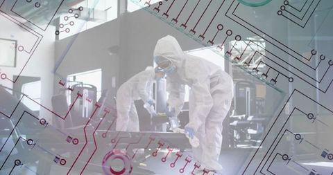Professional gym disinfection in protective gear for health and safety