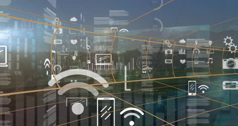 Futuristic Technology Icons Overlay on Cityscape Digital Network