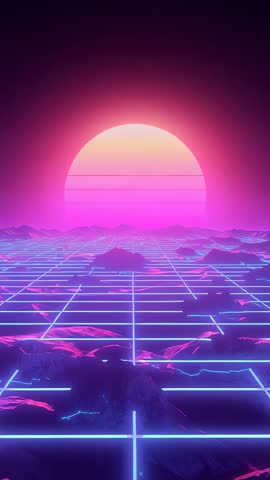 Pulsing neon grid under magenta sun, retrofuturistic cyberpunk landscape vertical video