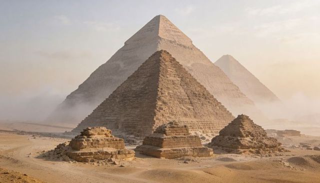 Rising giza pyramid with mastabas revealing ancient limestone ruins in golden desert mist