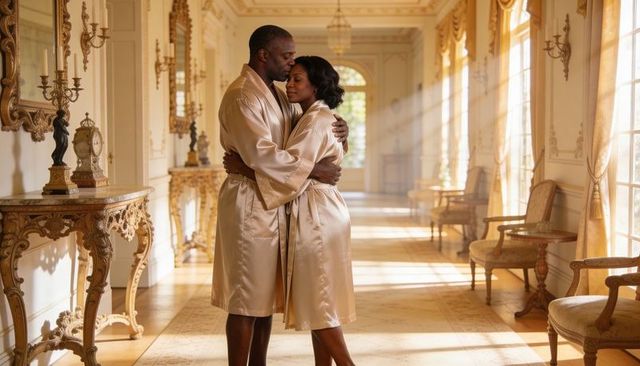 Champagne robe couple embracing in sunlit palatial corridor with gilded consoles