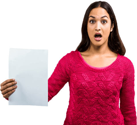Worried woman wearing pink sweater holding blank document transparent