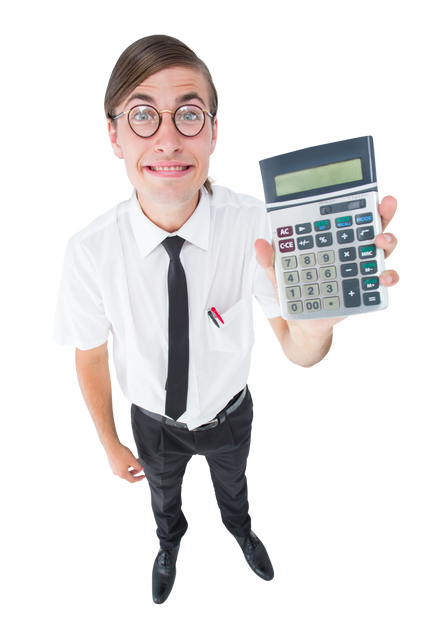 Transparent Geeky Businessman Enthusiastically Presenting Calculator - Download Free Stock Videos Pikwizard.com