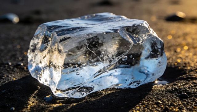 Glowing crystal ice chunk refracting golden hour light on black sand beach with bubbles